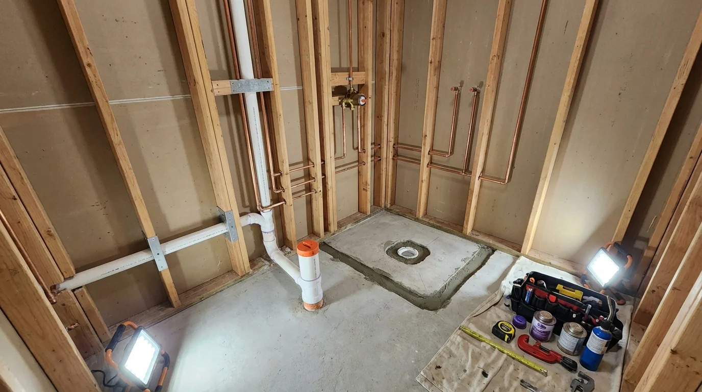 Bathroom rough-in plumbing during remodel by Johns Plumbing LLC in Yellow Springs
