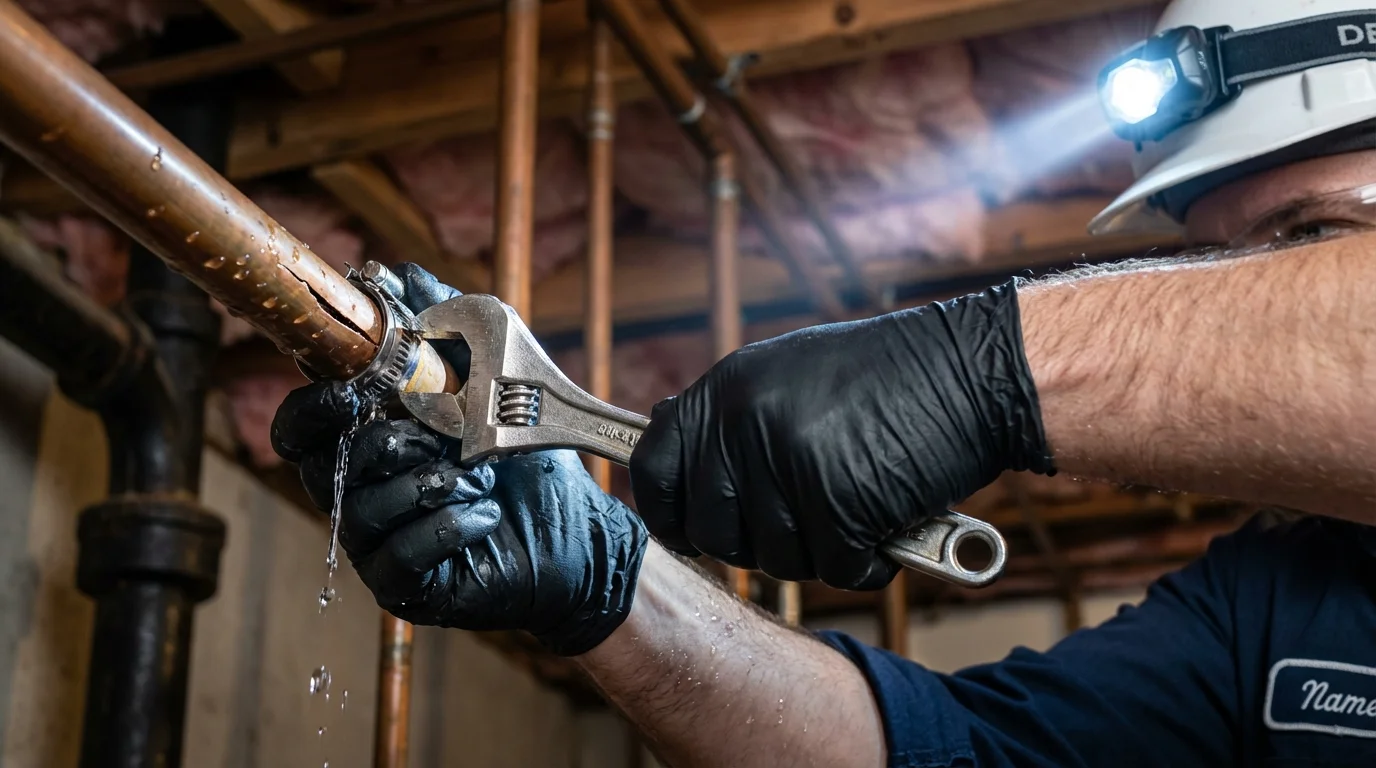 Emergency pipe clamp repair being performed by a Johns Plumbing LLC plumber in Yellow Springs