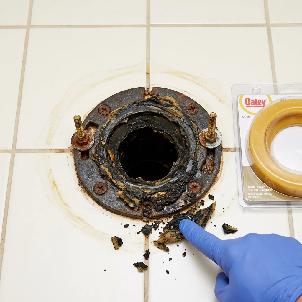 Failed wax ring showing water seepage at the base of a toilet in a Yellow Springs, OH home
