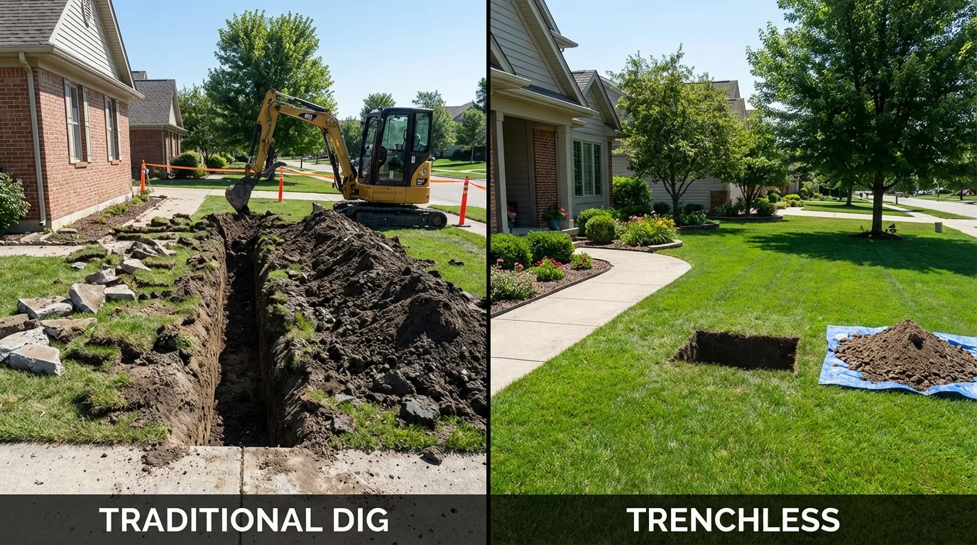 Trenchless sewer repair with minimal yard damage versus traditional excavation in Yellow Springs, OH