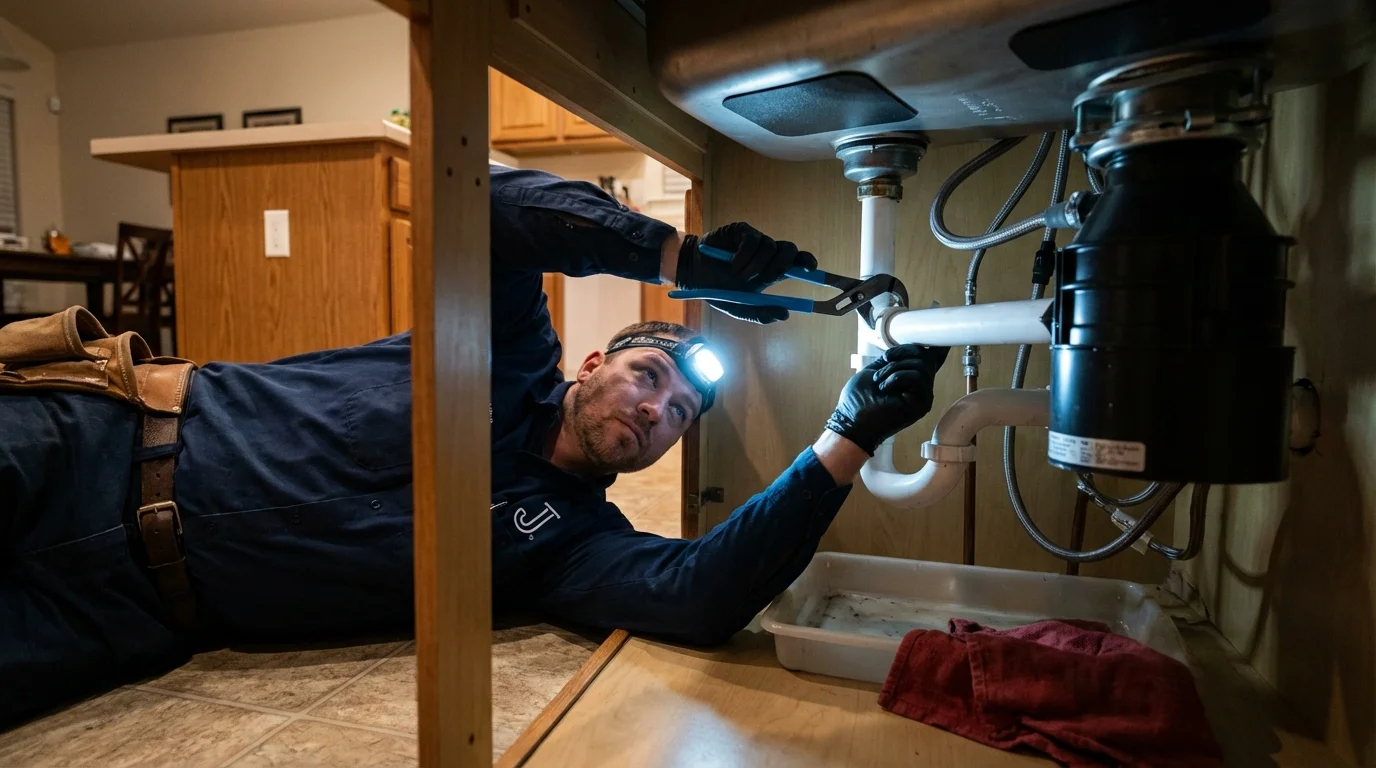 P-trap and supply line connections under a kitchen sink showing a common leak point in Yellow Springs, OH